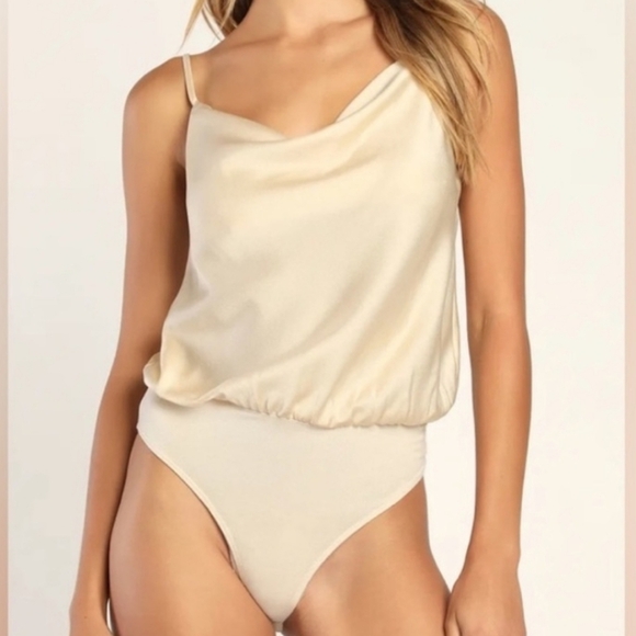 Sincerely Jules gold satin like cowl neck sleeveless bodysuit - Picture 2 of 8